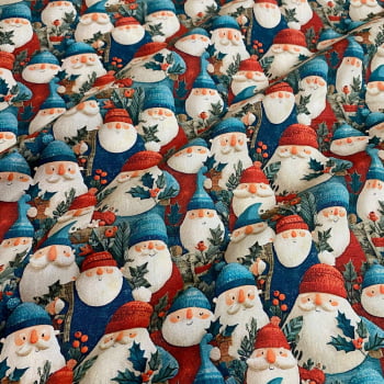 Tecido Tricoline Digital Natal Winter Papai Noel Azul e Vermelho Alaranjado