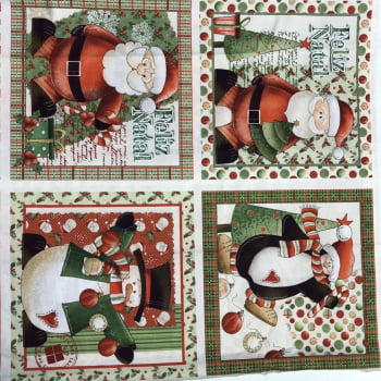 Tecido Tricoline Digital Painel Recortes Natal Papai Noel, Boneco de Neve e Pinguim  (Natal Encantado) 