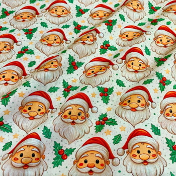 Tecido Tricoline Digital Papai Noel e Ramos de Azevinhos Fundo Off Tecido Tricoline Digital Papai Noel e Ramos de Azevinhos Fundo Off