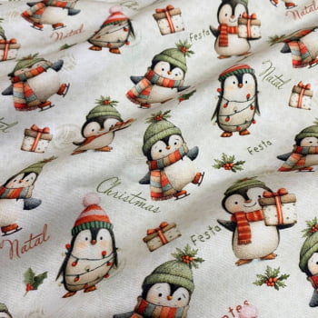 Tecido Tricoline Digital Pinguim de Natal