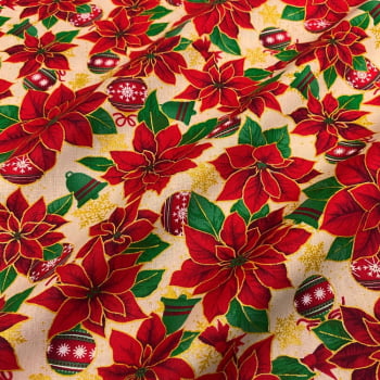 Tecido Tricoline Floral Bico de Papagaio e Bolas de Natal Fundo Cru Rimatex Tecido Tricoline Floral Bico de Papagaio e Bolas de Natal Fundo Cru Rimatex