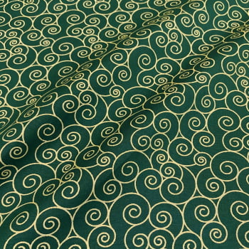Tecido Tricoline Natal Arabesco Caracol Dourado Fundo Verde
