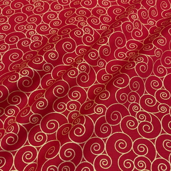 Tecido Tricoline Natal Arabesco Caracol Dourado Fundo Vermelho
