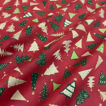 Tecido Tricoline Natal Arvores Verde e Dourado Fundo Vermelho Tecido Tricoline Natal Arvores Verde e Dourado Fundo Vermelho