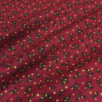 Tecido Tricoline Natal Azevinhos e Estrelas Douradas Fundo Vermelho Tecido Tricoline Natal Azevinhos e Estrelas Douradas Fundo Vermelho