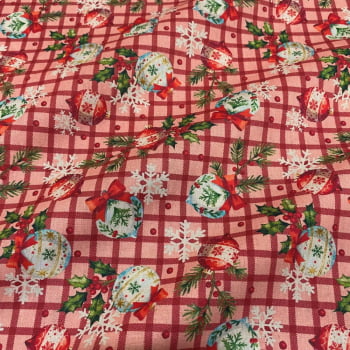 Tecido Tricoline Natal Bolas Natalinas Fundo Vermelho