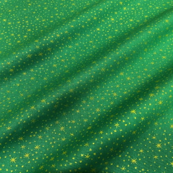 Tecido Tricoline Natal Estrelas Dourado Fundo Verde Rimatex