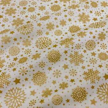 Tecido Tricoline Natal Flocos de Neve Dourado Branco