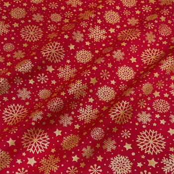 Tecido Tricoline Natal Flocos de Neve Dourado Vermelho