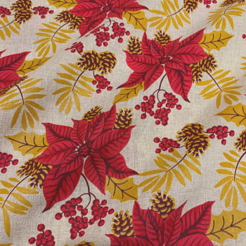 Tecido Tricoline Natal Floral Bico de Papagaio Grande Vermelho e Dourado Fundo Cru