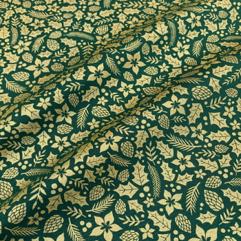 Tecido Tricoline Natal Flores e Folhas Dourado Fundo Verde
