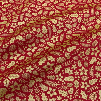 Tecido Tricoline Natal Flores e Folhas Dourado Fundo Vermelho
