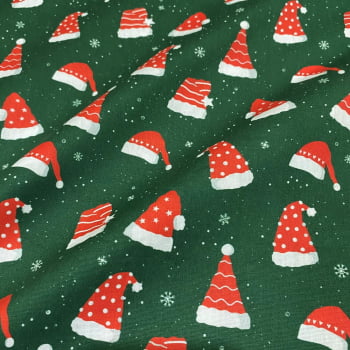 Tecido Tricoline Natal Gorro do Papai Noel Fundo Verde