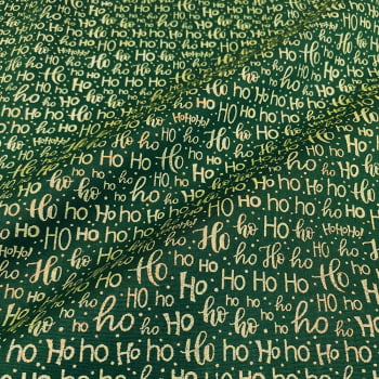 Tecido Tricoline Natal Palavras Ho Ho Dourado Fundo Verde