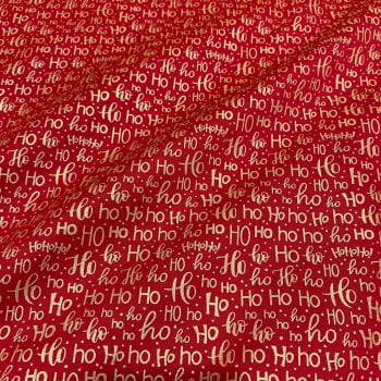 Tecido Tricoline Natal Palavras Ho Ho Dourado Fundo Vermelho
