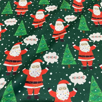 Tecido Tricoline Natal Papai Noel e Arvores Fundo Verde