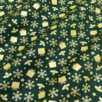Tecido Tricoline Natal Presentes, Trevos e Flocos de Neve Dourado Fundo Verde