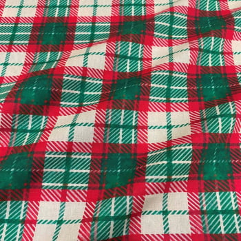 Tecido Tricoline Natal Xadrez Aquarela Verde Vermelho Cru