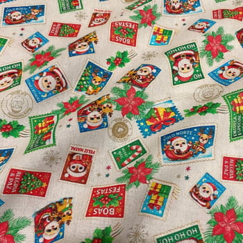 Tecido Tricoline Selos de Natal Fundo Cru Tecido Tricoline Selos de Natal Fundo Cru