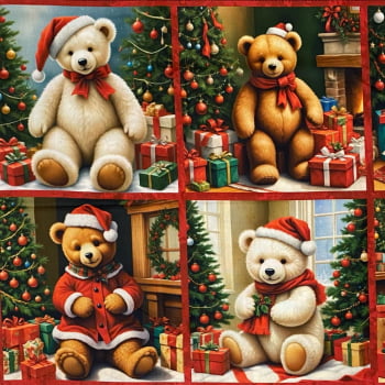 Tecido Tricoline Digital Painel de Aplique Recortes Ursinhos de Natal