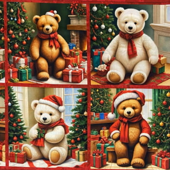 Tecido Tricoline Digital Painel de Aplique Recortes Ursinhos de Natal