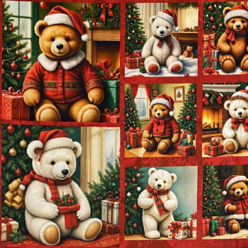 Tecido Tricoline Digital Painel de Aplique Recortes Ursinhos de Natal