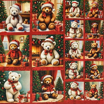 Tecido Tricoline Digital Painel de Aplique Recortes Ursinhos de Natal
