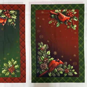 Tecido Tricoline Digital Natal Painel Jogo Americano Passaros e Azevinhos Verde Vermelho