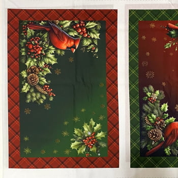 Tecido Tricoline Digital Natal Painel Jogo Americano Passaros e Azevinhos Verde Vermelho