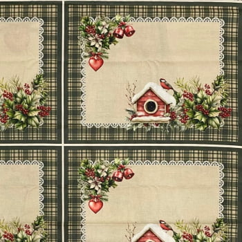 Tecido Tricoline Digital Painel Avental e Jogo Americano Papai Noel Xadrez Verde