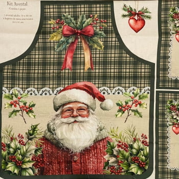 Tecido Tricoline Digital Painel Avental e Jogo Americano Papai Noel Xadrez Verde