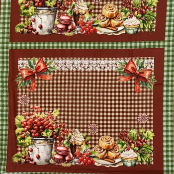 Tecido Tricoline Digital Painel Jogo Americano Doces de Natal Xadrez Vermelho
