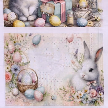 Tecido Tricoline Digital Painel Jogo Americano Páscoa Coelhos Realistas