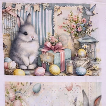 Tecido Tricoline Digital Painel Jogo Americano Páscoa Coelhos Realistas