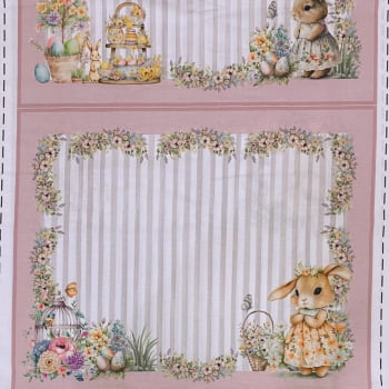 Tecido Tricoline Digital Painel Jogo Americano Páscoa Vila dos Coelhinhos 