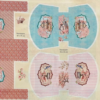 Tecido Tricoline Digital Painel Necessaires Gueixa Cerejeiras Japão