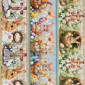 Tecido Tricoline Barrado Coelhos de Pascoa e Itens Religiosos 