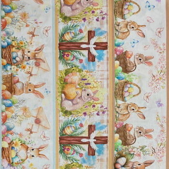Tecido Tricoline Barrado Coelhos de Pascoa e Itens Religiosos 