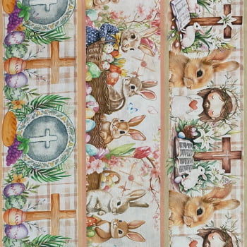 Tecido Tricoline Barrado Coelhos de Pascoa e Itens Religiosos 