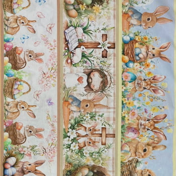 Tecido Tricoline Barrado Coelhos de Pascoa e Itens Religiosos 