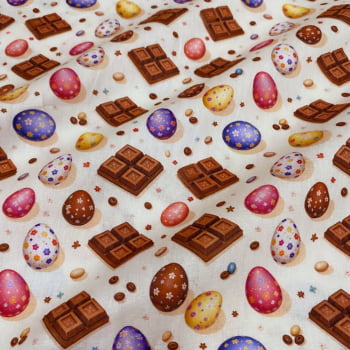 Tecido Tricoline Chocolates e Ovos de Pascoa Colorido