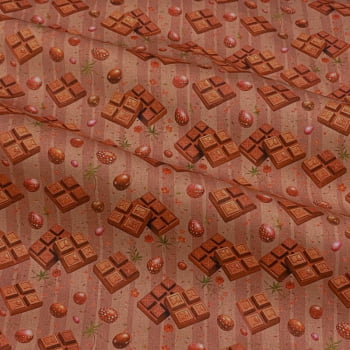 Tecido Tricoline Chocolates e Ovos de Pascoa Fundo Listras Marrom