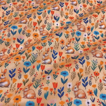 Tecido Tricoline Coelhos de Pascoa e Flores Coloridas Fundo Laranja Tecido Tricoline Coelhos de Pascoa e Flores Coloridas Fundo Laranja