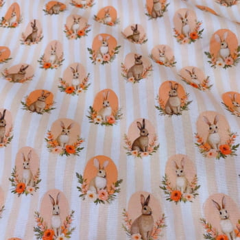 Tecido Tricoline Coelhos de Pascoa e Flores Fundo Listras Laranja Tecido Tricoline Coelhos de Pascoa e Flores Fundo Listras Laranja