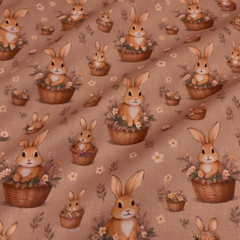 Tecido Tricoline Coelhos de Pascoa e Flores na Cesta Fundo Marrom Tecido Tricoline Coelhos de Pascoa e Flores na Cesta Fundo Marrom