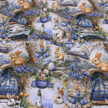 Tecido Tricoline Coelhos de Pascoa Floresta Encantada Azul Tecido Tricoline Coelhos de Pascoa Floresta Encantada Azul
