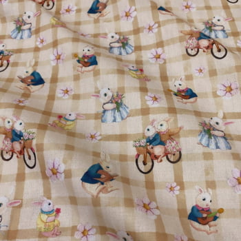 Tecido Tricoline Coelhos de Pascoa Vintage no Campo Fundo Xadrez Bege Tecido Tricoline Coelhos de Pascoa Vintage no Campo Fundo Xadrez Bege