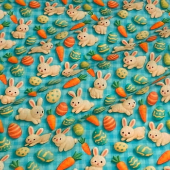 Tecido Tricoline Coelhos e Ovos de Pascoa Cenoura 3D Fundo Xadrez Tiffany Tecido Tricoline Coelhos e Ovos de Pascoa Cenoura 3D Fundo Xadrez Tiffany