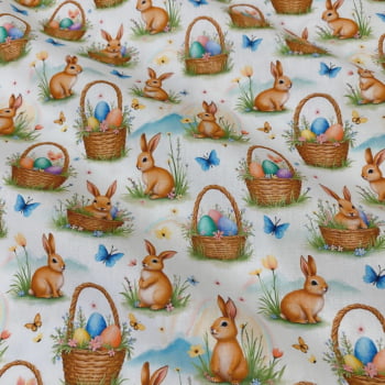 Tecido Tricoline Coelhos e Ovos de Pascoa Cestas no Jardim Tecido Tricoline Coelhos e Ovos de Pascoa Cestas no Jardim