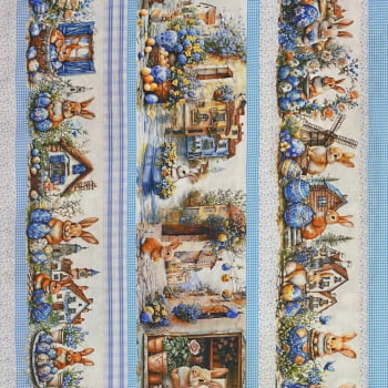 Tecido Tricoline Barrado Coelhos de Pascoa Azul